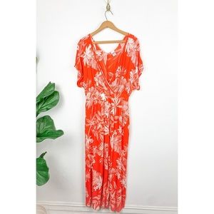 Bila Orange Hawaiian Tropical Print Loose Fit Wide Leg Jumpsuit Sz M
